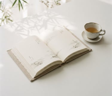 Clean, minimalist photography of a beautifully bound book cover (Chinese or English, neutral tone) lying open on a white surface, with soft, diffused morning light casting subtle botanical shadows. A single delicate tea cup is placed beside it, plenty of negative space, 35mm.
