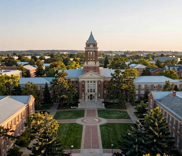 A wide-angle landscape shot of a North American university campus in the morning light, conveying a sense of heritage, education, and long-term opportunity.