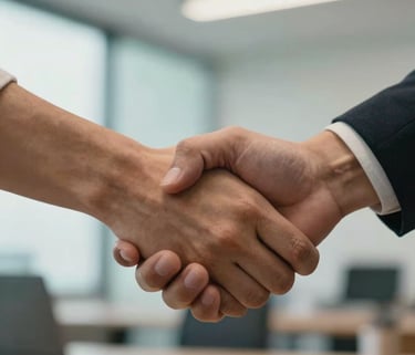 A close-up of two people shaking hands in a bright, modern North American office setting. The lighting is soft and warm, emphasizing partnership and trust. The background is slightly blurred with soft teal accents.