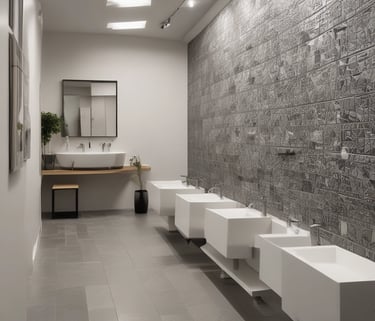 A modern showroom displaying a variety of elegant tiles.