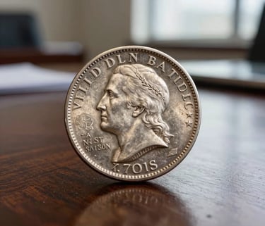 A professional, high-detail macro photograph of a vintage United States silver dollar resting on a clean, dark mahogany desk. Soft morning light from a nearby window creates a sophisticated atmosphere. North American / US office setting.