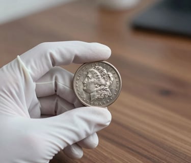 Photography of a hand wearing a white archival glove holding a gleaming silver Morgan dollar coin. Soft focus on a North American walnut desk in the background. Lighting is bright and professional with a modern feel.