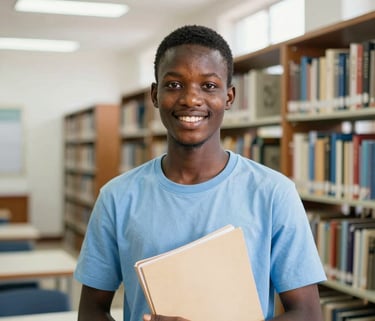 A bright medium-close portrait of a young Senegalese student smiling in a sunlit library in Dakar, holding a folder, 35mm photography, shallow depth of field