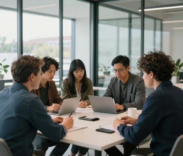A collaborative group of diverse professionals working together around a table in a modern, glass-walled office in Saint John, Canada. Natural light fills the space.