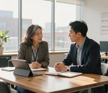 Professional one-on-one mentorship session in a sunlit, modern office in Saint John, Canada. A seasoned advisor and an aspiring entrepreneur sit at a clean wooden table with notebooks and a tablet. The atmosphere is encouraging and collaborative, with soft morning light and a view of urban architecture in the background.