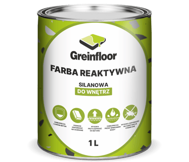 Puszka z zieloną etykietą produktu Greinfloor Farba Reaktywna, silanowa do wnętrz o pojemności 1 L