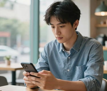 Photography of a young adult looking at a smartphone screen in a bright, modern North American café. The person has a calm, thoughtful expression. Natural window lighting. High-end, clean aesthetic with slate blue and light teal accents.