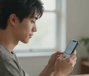 A side-view photo of a young adult looking at a smartphone screen with a calm, relieved expression, soft natural light coming from a nearby window, North American / US.