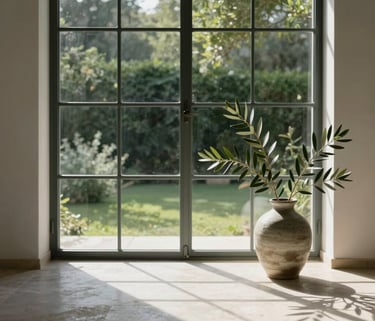 Soft morning light streaming through a large steel-framed window, illuminating a minimalist stone floor, a branch of olive leaves in a ceramic vase, looking out to a lush green garden.