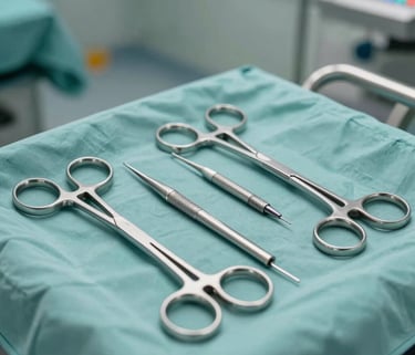 A pristine set of stainless steel cranial neurosurgical instruments on a sterile drape, clean and professional lighting, shot in a modern South Asian / Pakistani medical facility context.