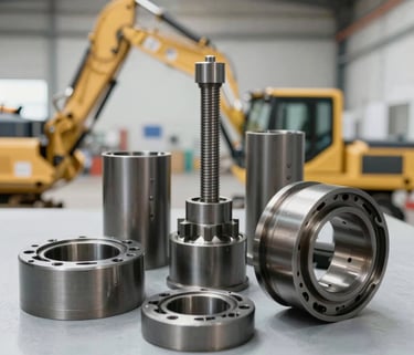 Close-up of heavy machinery part with blue and orange accents reflecting Ibermaq brand colors.