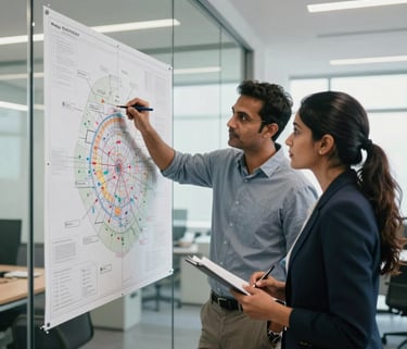 A photograph of two South Asian professionals, a man and a woman, reviewing a large strategic chart on a glass wall in a bright, modern office.