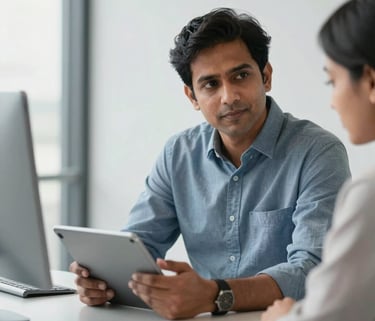 A professional South Asian consultant in a clean, modern Mumbai office, discussing a digital business strategy on a tablet with a client, soft natural lighting, slate blue and white color palette.