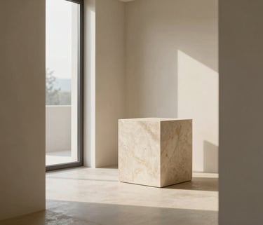 A minimalist architectural space filled with soft morning daylight, clean lines, textured stone pedestal in the background, warm alabaster tones.