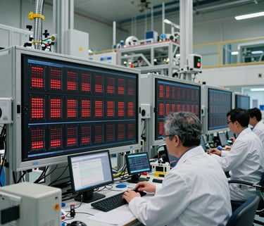 An wide-angle shot of a state-of-the-art research facility in North American / Global. Scientists in professional attire are working with advanced sensor arrays under soft, even lighting.