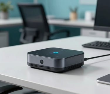 A close-up photograph of a sophisticated smart sensing device on a clean modern desk in a North American office. The lighting is bright and professional, featuring accents of teal and dark blue in the background workspace.