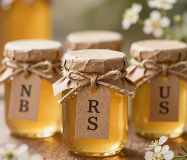 A close-up photograph set in North American / US, showing hand-finished miniature glass jars of golden raw honey with custom-printed kraft paper tags tied with twine, set against a warm botanical background with golden sunlight and delicate white wildflowers.