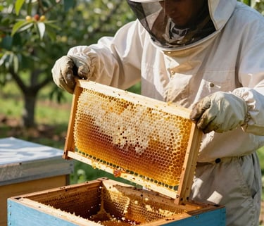 A close-up photograph set in a sunny North American / US orchard, showing an artisan beekeeper in clean protective gear lifting a wooden hive frame with golden honeycomb.