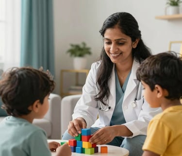 A South Asian / Indian female therapist in a bright, warm consultation room, smiling gently while engaging with a young child through colorful educational blocks. The lighting is soft and natural, emphasizing a safe and nurturing environment with hints of teal and gold in the decor.