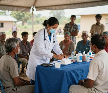 A high-end professional photograph of a medical camp in a rural South Asian setting. A healthcare worker in a white uniform is attending to a group of local residents under a clean, organized shelter. The lighting is bright and natural, conveying a sense of hope and progress. Accents of deep blue and off-white are visible in the medical supplies and attire.