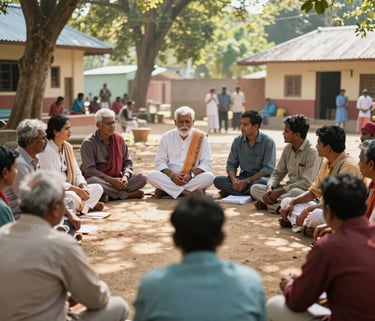 A high-quality photography shot of a community town hall meeting in a South Asian village. Trustees and local citizens are engaged in a respectful dialogue. Soft sunlight filters through trees, conveying transparency and trust.