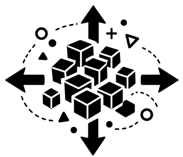 Black and white abstract data block icon with directional arrows representing scalable modular architecture.