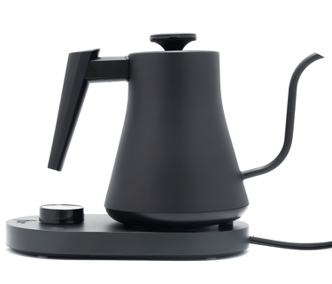 Matte black electric gooseneck kettle for pour-over coffee on a digital heating base.