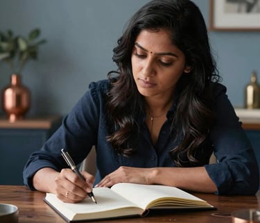 A sophisticated South Asian woman writer sitting at a dark wood desk, writing in a journal with a fountain pen, soft natural morning light, surrounded by muted blue and copper colored decor.