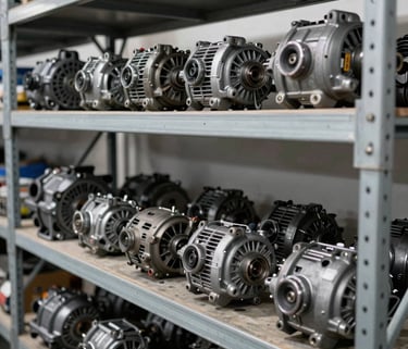 Organized metal shelves in an industrial warehouse holding clean, inspected car alternators and engine parts, sharp focus on mechanical details, natural daylight