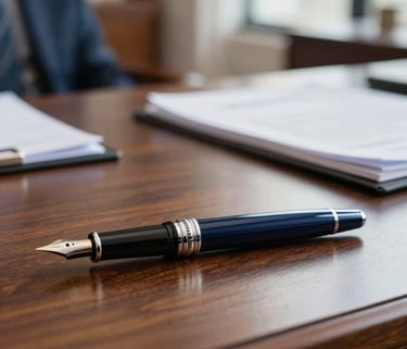 Close up of a luxury fountain pen on a mahogany desk in a South American law firm office, soft natural light, professional and sophisticated atmosphere with deep navy and muted blue accents.