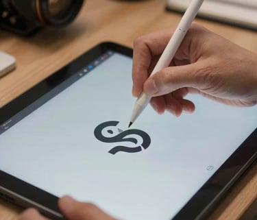 A close-up of a designer's hands using a stylus on a digital tablet to refine a logo design in a North American / US creative studio.
