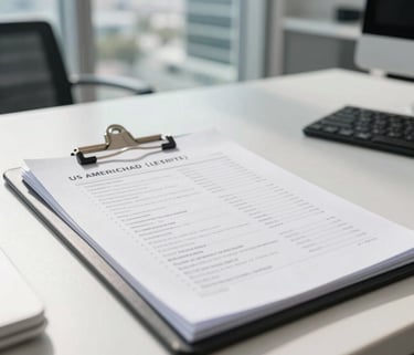 A sharp, high-resolution photo of a professional desk with a medical chart and financial documents in a bright, modern Florida office building, natural light, North American / US.