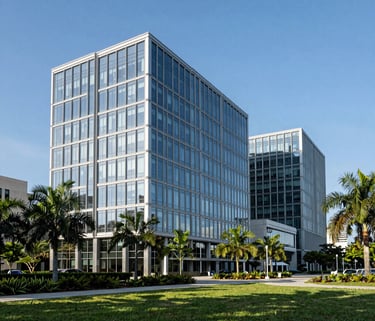 A professional wide-angle shot of a modern glass-and-steel office building in Florida with clear blue skies and lush green landscaping. Sophisticated and corporate, North American / US.