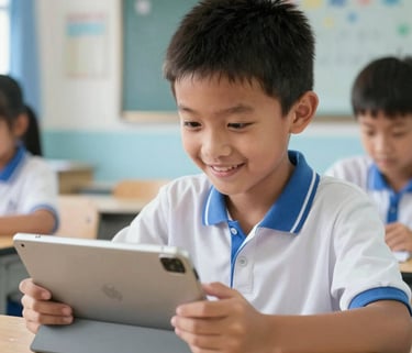 A close-up photograph of a Southeast Asian elementary student in a clean, bright classroom, smiling while looking at a tablet during a modern lesson. The background shows soft blue and white school decor.