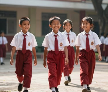 Candid photography of Indonesian school children in red and white uniforms walking happily in the school courtyard during a sunny morning.