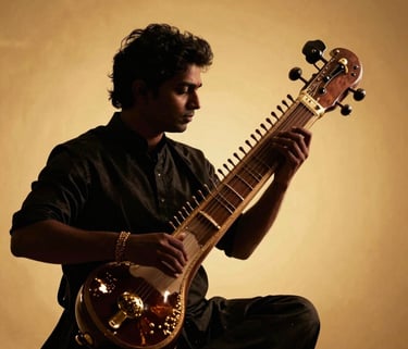 A high-end cinematic shot of a South Asian / Indian musician's silhouette against a warm gold backdrop, playing a Veena, reflecting luxury, culture, and high-end artistic production.