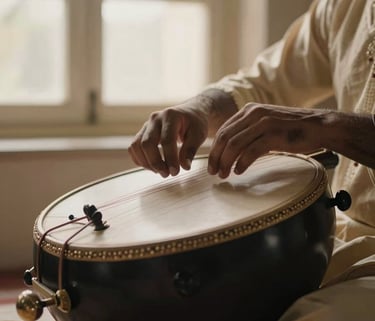 A close-up photograph of hands gracefully tuning a traditional Tanpura, soft morning light filtering through a window, South Asian / Indian setting, warm beige and charcoal black tones, luxurious artistic style.