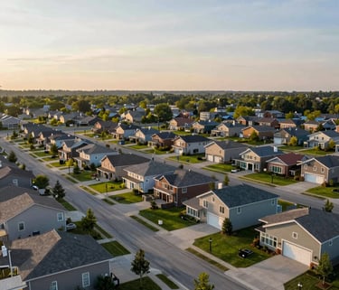 A serene landscape of a North American suburban community during a soft sunrise, featuring modern, clean architecture and vibrant green spaces.