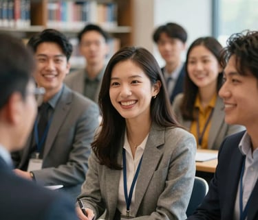 A close-up of a diverse group of North American / US young adults in a library setting, smiling and engaged in a mentorship session, soft morning light, sophisticated and scholarly atmosphere.