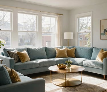 A bright, clean, and airy residential living room in a North American / US (Detroit, Michigan) home, featuring soft muted blue cushions and warm gold accents, natural sunlight streaming through large windows, photography style.