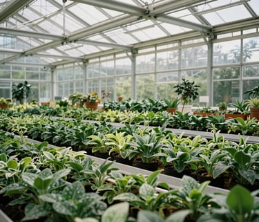 A wide, cinematic photo of an airy greenhouse with modern steel frames and glass walls, filled with rows of vibrant green plants, North American region.