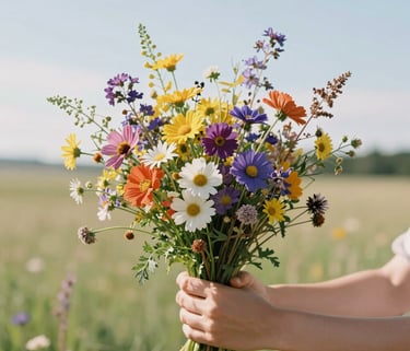A close-up of hands holding a vibrant bouquet of seasonal wildflowers in a sun-drenched North American meadow, soft lighting, modern and clean composition.