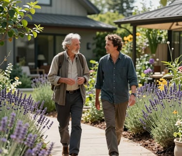A serene candid photo of two spiritual guides walking through a modern, sunlit North American retreat garden. They are engaged in deep conversation, surrounded by lush greenery and lavender plants.