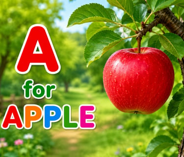 Educational graphic showing a red apple on a tree branch with the text A for Apple.