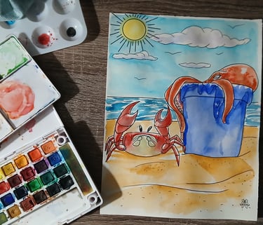 Awatercolor page from ''A Day at the beach'' watercoloring book.