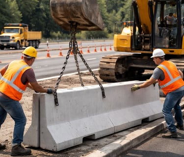 Instalação de barreira New Jersey com escavadeira e trabalhadores usando EPIs