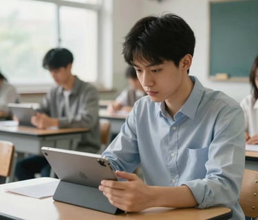 A focused young adult in a modern North American classroom, using a digital tablet for vocational training, soft natural light through a window, clean professional setting.