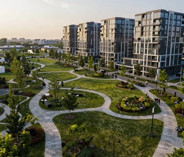 A wide-angle shot of a newly developed urban community park in North America, featuring modern architecture and green spaces, soft morning light.