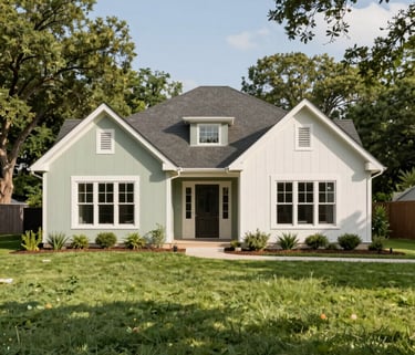 A tranquil photography shot of a modern ranch-style home exterior in a North Houston suburb during a bright, sunny morning. The house has pale sage green accents and is surrounded by lush green lawns and native North American trees. The scene is calm and hopeful.