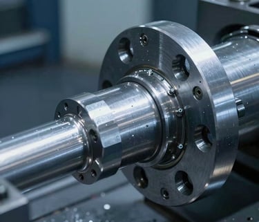 Heavy-duty CNC machine processing a metallic trailer axle flange under sharp spotlight, metallic texture, cool blue and grey industrial light.